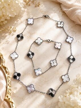 10-Station Clover Necklace & 5-Clover Bracelet Set | Stainless Steel